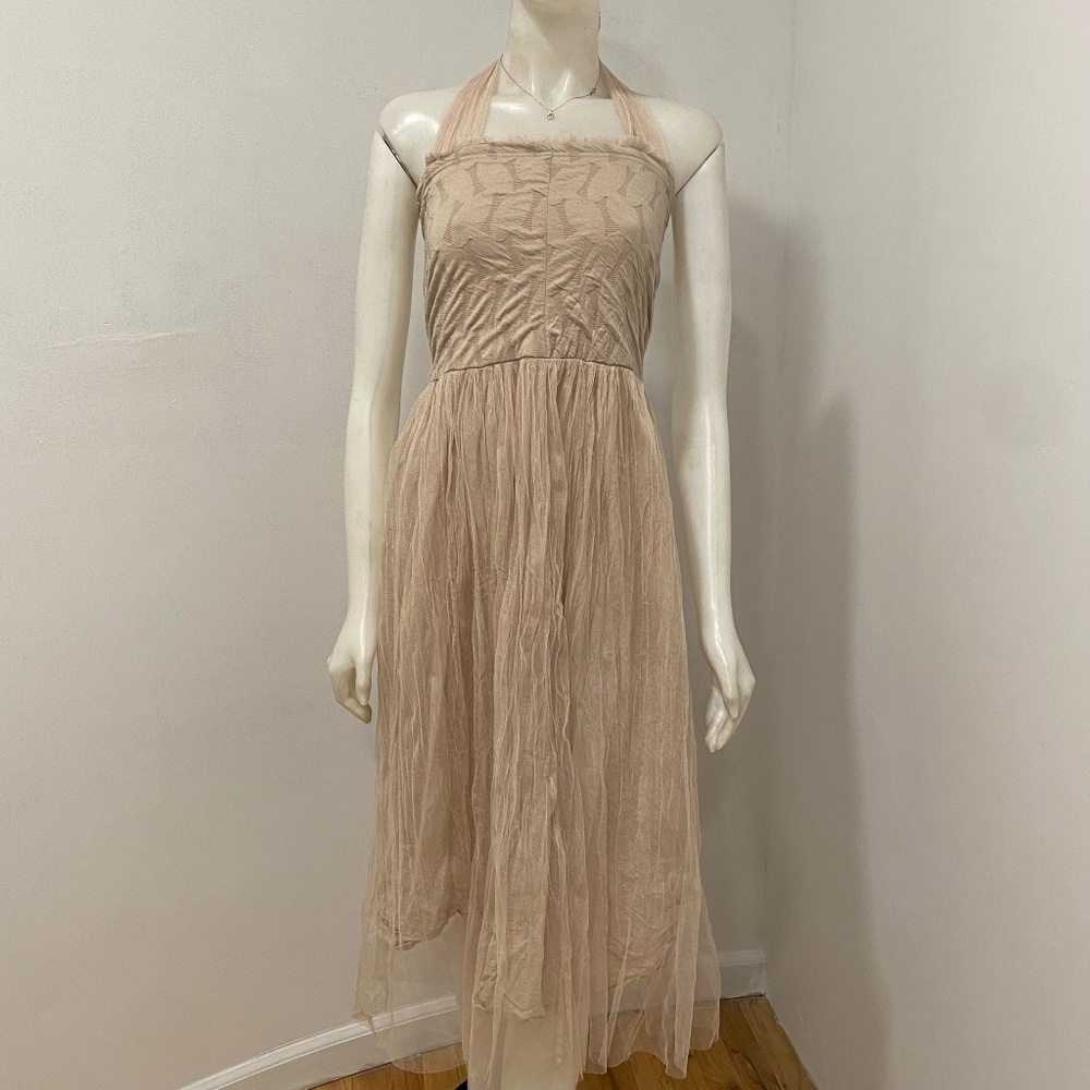 A'Reve Beige Tulle Overlay Halter Dress Small S
